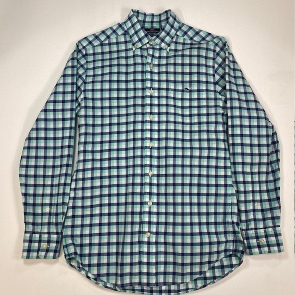 Vineyard Vines Performance Slim Fit Tucker Shirt Mens Small Green Blue Gingham